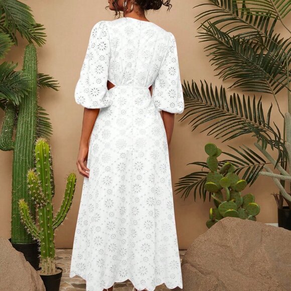 White Boho Women's Woven Embroidered V-Neck Puff Sleeve Tall Long Dress - Picture 2 of 5